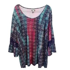 Catherines Tunic Top Size 3X Multicolor Stretch Boho Artsy Comfy 3/4 Sleeves